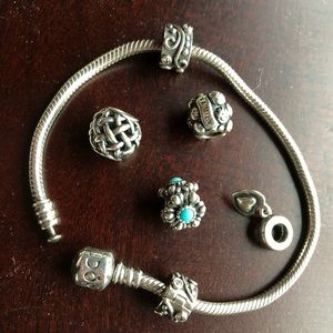 Pandora Bracelet PLUS 4 charms/2holders Authentic.